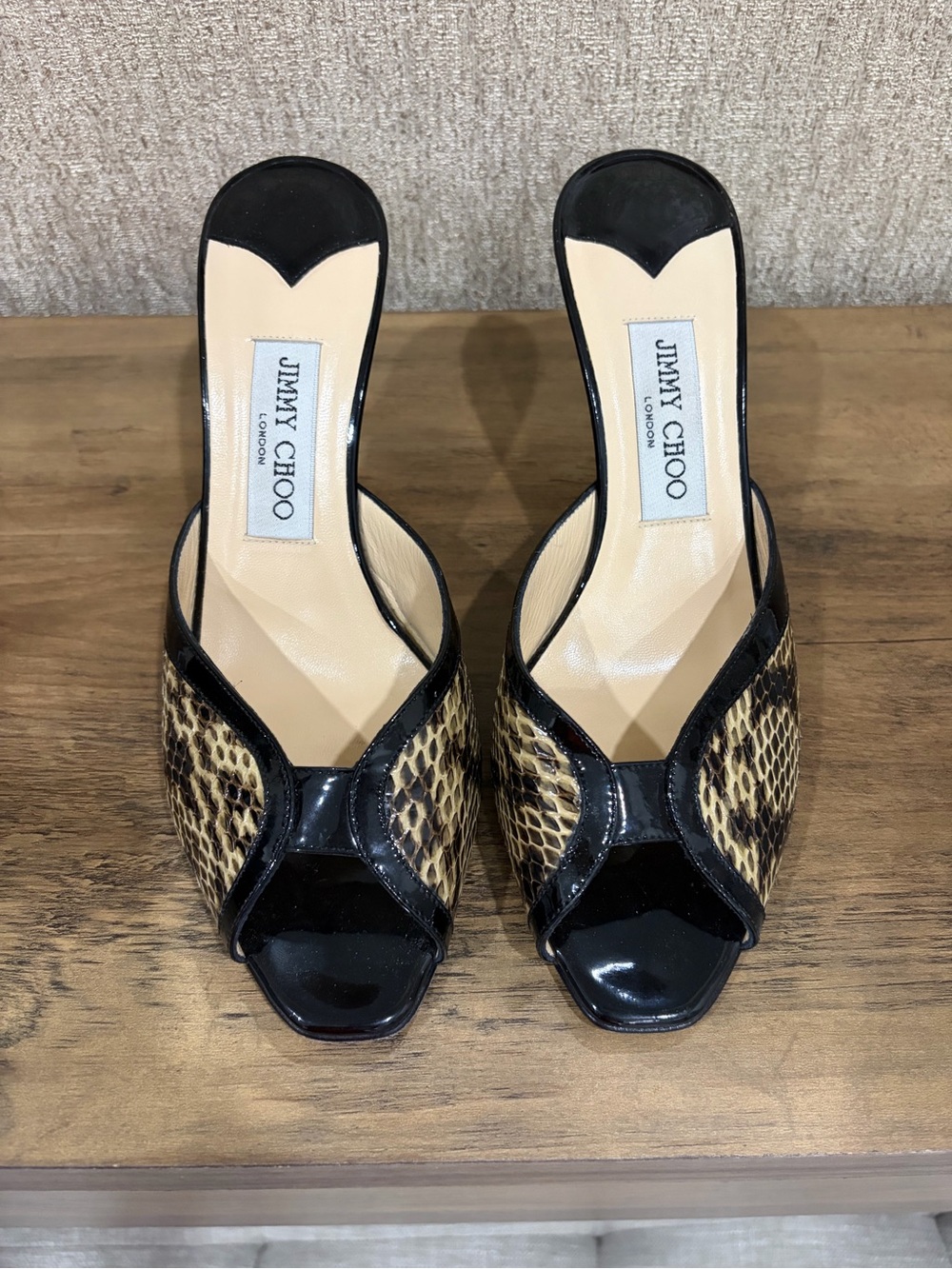 Jimmy Choo Black and Brown Snakeskin Peep-Toe Mules